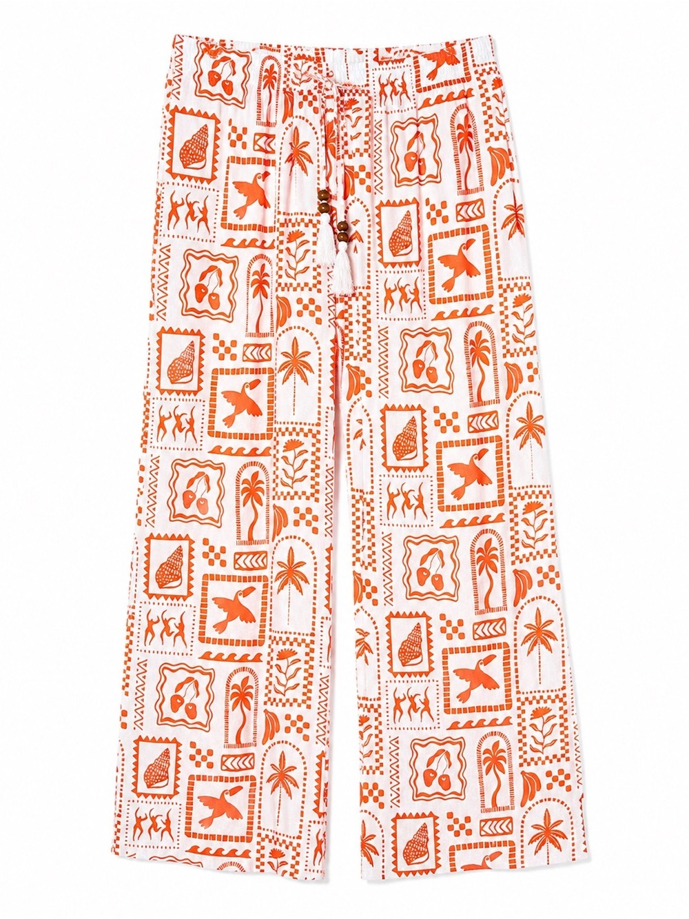 Salty Lemon Pants M Orange Stamp Print Palm Beach Cover Up Resort Bohemian Linen